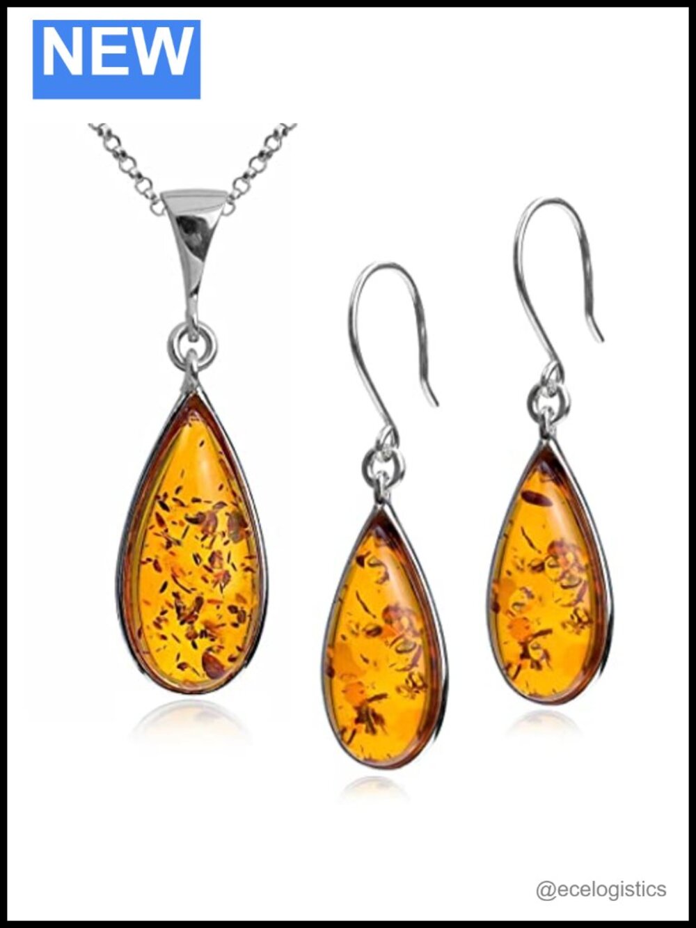 Sterling Silver Amber Jewelry Set Pendant Necklace Earrings
